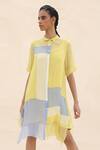 Buy_Abhishek Sharma_Yellow Chiffon Shirt Collar Colorblock Dress  _at_Aza_Fashions