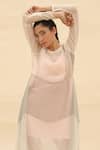 Buy_Abhishek Sharma_Grey Chiffon Boat Colorblock Draped Dress _Online_at_Aza_Fashions