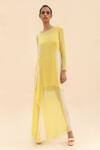 Buy_Abhishek Sharma_Yellow Chiffon Boat Colorblock Draped Dress  _at_Aza_Fashions