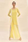 Buy_Abhishek Sharma_Yellow Chiffon Boat Colorblock Draped Dress  _Online_at_Aza_Fashions