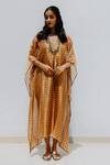 Shop_Mimamsaa_Gold Tissue, Chanderi V Neck Printed Kaftan_at_Aza_Fashions