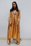 Buy_Mimamsaa_Gold Tissue, Chanderi V Neck Printed Kaftan_at_Aza_Fashions