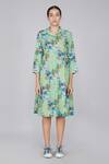 Yavi_Green 100% Cotton Spread Collar Printed Dress _Online_at_Aza_Fashions