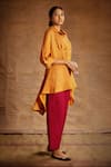 Latha Puttanna_Orange Linen Embroidery Spread Collar Asymmetric Tunic _Online_at_Aza_Fashions