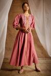 Buy_LATHA PUTTANNA_Pink Cotton Embroidery Round Pintuck Jacket Kurta And Pant Set _at_Aza_Fashions