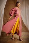 Buy_LATHA PUTTANNA_Pink Cotton Embroidery Round Pintuck Jacket Kurta And Pant Set _Online_at_Aza_Fashions