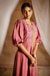 Shop_LATHA PUTTANNA_Pink Cotton Embroidery Round Pintuck Jacket Kurta And Pant Set _Online_at_Aza_Fashions