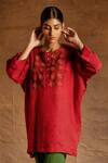 Buy_Latha Puttanna_Red Linen Embroidery Round Tunic _at_Aza_Fashions