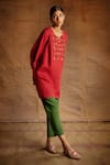 Latha Puttanna_Red Linen Embroidery Round Tunic _Online_at_Aza_Fashions