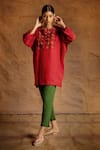 Buy_Latha Puttanna_Red Linen Embroidery Round Tunic _Online_at_Aza_Fashions