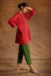 Shop_Latha Puttanna_Red Linen Embroidery Round Tunic _Online_at_Aza_Fashions