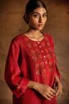 Latha Puttanna_Red Linen Embroidery Round Tunic _at_Aza_Fashions