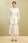 Brij_White Kora Chanderi Embroidery Round Jacket And Draped Pant Set _Online_at_Aza_Fashions