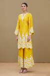 Buy_Surabhi Arya_Yellow Kurta And Palazzo Chanderi Dupatta Chiffon Embroidery Round Set _Online_at_Aza_Fashions
