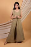 Buy_Priya Chaudhary_Green Cotton Linen Embroidery V Neck Jumpsuit _Online_at_Aza_Fashions