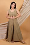 Priya Chaudhary_Green Cotton Linen Embroidery V Neck Jumpsuit _Online_at_Aza_Fashions