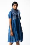 Buy_Urvashi Kaur_Blue Handloom Cotton Round Neck Block Print And Checks Box Pleat Dress _at_Aza_Fashions
