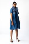 Urvashi Kaur_Blue Handloom Cotton Round Neck Block Print And Checks Box Pleat Dress _Online_at_Aza_Fashions