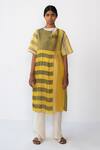 Urvashi Kaur Yellow Handloom Cotton Round Neck Striped Micro Pleat Wrap Dress Online at Aza Fashions Urvashi Kaur_Yellow Handloom Cotton Round Neck Striped Micro Pleat Wrap Dress _Online_at_Aza_Fashions