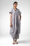 Buy_Urvashi Kaur_Gray Cotton, Linen V-neck Crushed Dress With Asymmetric Hem _at_Aza_Fashions