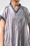 Shop_Urvashi Kaur_Gray Cotton, Linen V-neck Crushed Dress With Asymmetric Hem _at_Aza_Fashions