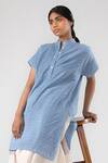 Buy_Urvashi Kaur_Blue Cotton Embroidery Mandarin Collar Striped Tunic _at_Aza_Fashions