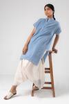Shop_Urvashi Kaur_Blue Cotton Embroidery Mandarin Collar Striped Tunic _at_Aza_Fashions