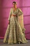 Buy_Rachit Khanna_Green Raw Silk V Neck Embroidered Bridal Lehenga Set _at_Aza_Fashions