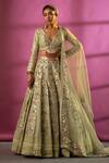Shop_Rachit Khanna_Green Raw Silk V Neck Embroidered Bridal Lehenga Set _at_Aza_Fashions