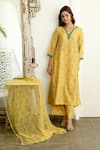 Buy_Taro_Yellow Kurta And Pant Handwoven Chanderi Silk Embroidery V Neck Set _at_Aza_Fashions