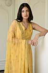 Taro_Yellow Kurta And Pant Handwoven Chanderi Silk Embroidery V Neck Set _Online_at_Aza_Fashions