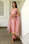 Taro_Pink Kurta And Pant Handwoven Chanderi Silk Embroidery V Neck Set _Online_at_Aza_Fashions