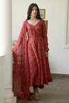 Buy Taro Red Anarkali And Pant Handwoven Chanderi Silk, Dupatta Chiffon Sweetheart Set at Aza Fashions Buy_Taro_Red Anarkali And Pant Handwoven Chanderi Silk, Dupatta Chiffon Sweetheart Set _at_Aza_Fashions