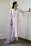 Taro Pink Anarkali And Pant Handwoven Cotton, Dupatta Chiffon V Neck Set Online at Aza Fashions Taro_Pink Anarkali And Pant Handwoven Cotton, Dupatta Chiffon V Neck Set _Online_at_Aza_Fashions
