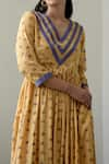 Taro_Yellow Modal Silk Embroidery V Neck Floral Print Dress  _Online_at_Aza_Fashions