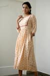 Buy_Taro_Peach Modal Silk Embroidery Boat Floral Print Dress  _Online_at_Aza_Fashions