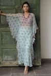 Buy_Taro_Green Chiffon Embroidery Notched Floral Print Tunic And Pant Set _at_Aza_Fashions