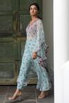 Buy_Taro_Green Chiffon Embroidery Notched Floral Print Tunic And Pant Set _Online_at_Aza_Fashions