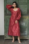 Taro Red Handwoven Chanderi Silk V Neck Dress Online at Aza Fashions Taro_Red Handwoven Chanderi Silk V Neck Dress _Online_at_Aza_Fashions