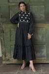 Buy_Taro_Black Handwoven Cotton Embroidery Crew Neck Dress  _at_Aza_Fashions