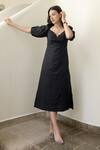 Buy_Taro_Black Handwoven Cotton Embroidery V Neck Dress  _at_Aza_Fashions