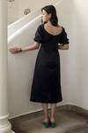 Shop_Taro_Black Handwoven Cotton Embroidery V Neck Dress  _at_Aza_Fashions