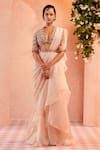 Buy_Ridhi Mehra_White Blouse Raw Silk Saree Chiffon Adelina Draped Ruffle With  _at_Aza_Fashions