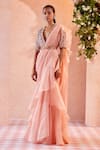 Buy_Ridhi Mehra_Peach Blouse Net Saree Chiffon Embroidery Ambre Draped Ruffle With  _at_Aza_Fashions