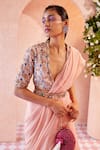 Shop_Ridhi Mehra_Peach Blouse Net Saree Chiffon Embroidery Ambre Draped Ruffle With  _at_Aza_Fashions