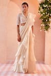 Buy_Ridhi Mehra_White Blouse Net Saree Chiffon Arsema Draped Ruffle With  _Online_at_Aza_Fashions