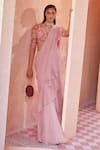 Buy_Ridhi Mehra_Pink Blouse Net Saree Chiffon Embroidery Arsema Draped Ruffle With  _at_Aza_Fashions