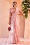 Ridhi Mehra_Pink Blouse Net Saree Chiffon Embroidery Arsema Draped Ruffle With  _Online_at_Aza_Fashions