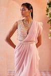 Ridhi Mehra_Pink Blouse Net Saree Chiffon Helenor Draped Ruffle With  _Online_at_Aza_Fashions