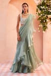 Buy_Ridhi Mehra_Green Blouse Net Saree Chiffon Embroidery Skyla Draped Ruffle With  _at_Aza_Fashions